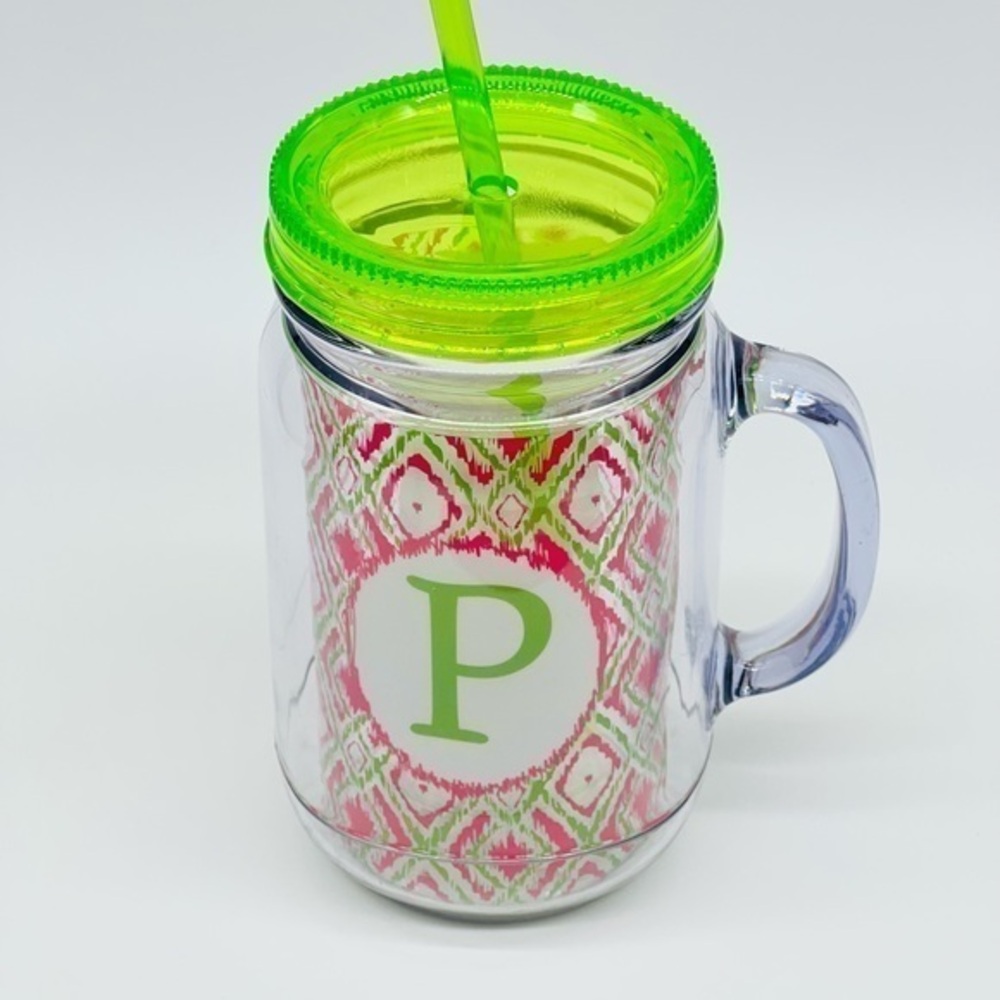 NWOT Personalized “P” acrylic beverage mason jar with straw